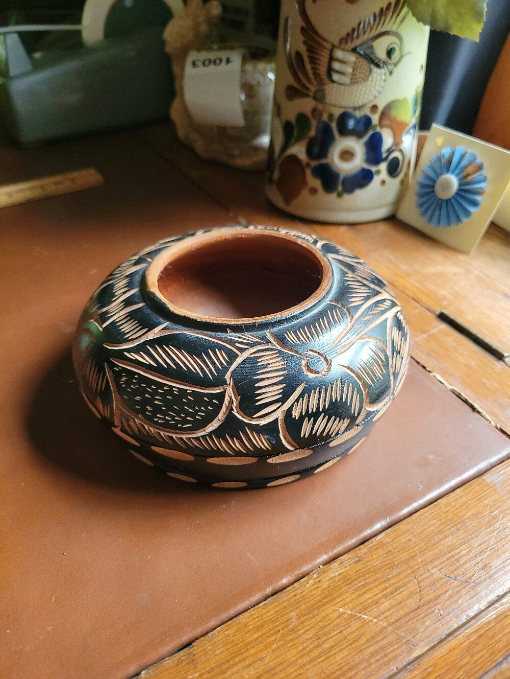 Carved Wood Bowl Folk Art Primitive Decor Rustic 5”x2.5”